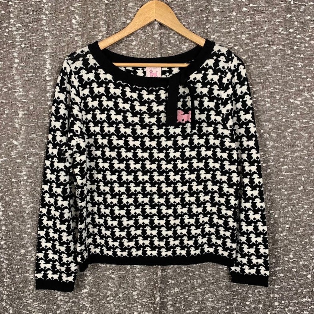 Pink Poodle Black/White Poodle Print Knit Sweater Preppy Women's Large